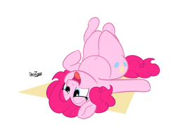 Size: 4098x3072 | Tagged: safe, artist:datzigga, derpibooru import, pinkie pie, earth pony, pony, belly, belly button, female, high res, lidded eyes, lying down, mare, on back, open mouth, open smile, signature, simple background, smiling, solo, tongue, tongue out, white background