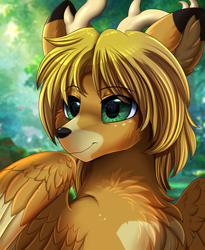 Size: 1446x1764 | Tagged: safe, artist:pridark, derpibooru import, oc, oc only, deer, deer pony, hybrid, original species, pegasus, bust, commission, male, portrait, smiling, solo