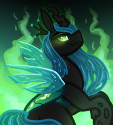 Size: 1700x1870 | Tagged: safe, artist:nootaz, derpibooru import, queen chrysalis, canterlot wedding 10th anniversary, crown, grin, jewelry, rearing, regalia, side view, smiling, solo