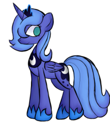 Size: 483x537 | Tagged: safe, artist:alandisc, derpibooru import, princess luna, alicorn, pony, female, looking back, no pupils, simple background, smiling, solo, white background