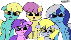 Size: 2560x1440 | Tagged: safe, derpibooru import, amethyst star, derpy hooves, minuette, parasol, sassaflash, sparkler, earth pony, pegasus, pony, unicorn, green isn't your color, angry, background pony, eye clipping through hair, female, group, mare, redraw, scene interpretation, simple background, transparent background