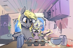 Size: 3449x2267 | Tagged: safe, artist:alumx, derpibooru import, derpy hooves, dinky hooves, pegasus, pony, unicorn, baking, chef's hat, cute, duo, equestria's best mother, female, filly, foal, food, hat, levitation, magic, mare, mother and child, mother and daughter, mother's day, muffin, parent and child, telekinesis, tongue, tongue out