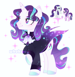 Size: 2712x2768 | Tagged: safe, artist:whohwo, derpibooru import, rarity, starlight glimmer, pony, base used, cape, clothes, female, fusion, makeup, male, mare, raised hoof, raised leg, simple background, smiling, stallion, white background