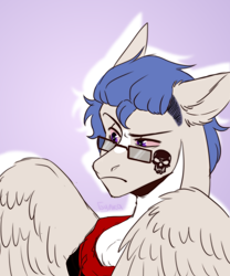 Size: 2500x3000 | Tagged: safe, artist:bulkaaoga, derpibooru import, oc, oc only, pony, bust, chest fluff, ear fluff, ears, frown, glasses, male, purple background, simple background, solo, stallion, tatttoo, wings