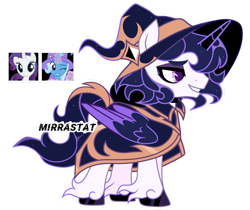 Size: 1280x1077 | Tagged: safe, artist:mirrastat, derpibooru import, oc, alicorn, pony, unicorn, alicorn oc, base used, clothes, female, glowing, glowing horn, hat, horn, magical lesbian spawn, makeup, male, mare, offspring, one eye closed, parent:rarity, parent:trixie, simple background, smiling, stallion, transparent background, unshorn fetlocks, wings, wink, witch hat