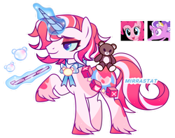 Size: 1280x1011 | Tagged: safe, artist:mirrastat, derpibooru import, pinkie pie, screwball, oc, pony, unicorn, base used, clothes, female, glowing, glowing horn, horn, magic, magical lesbian spawn, makeup, male, mare, offspring, parent:pinkie pie, parent:screwball, plushie, simple background, smiling, stallion, teddy bear, telekinesis, transparent background, unshorn fetlocks