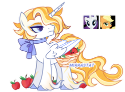 Size: 1280x937 | Tagged: safe, artist:mirrastat, derpibooru import, oc, alicorn, pony, alicorn oc, apple, base used, bow, clothes, female, food, horn, magical lesbian spawn, makeup, male, mare, offspring, parent:applejack, parent:rarity, parents:rarijack, saddle basket, simple background, smiling, stallion, transparent background, unshorn fetlocks, wings