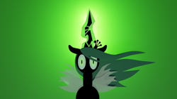 Size: 3840x2160 | Tagged: safe, artist:pwnypony db, derpibooru import, queen chrysalis, changeling, changeling queen, canterlot wedding 10th anniversary, a canterlot wedding, 3d, 4k, blender, female, glowing, glowing horn, green background, green eyes, green light, green magic, high res, horn, magic, scene interpretation, shadows, simple background, slit eyes, solo, solo female, wings