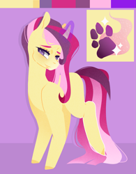 Size: 1559x2003 | Tagged: safe, artist:ryrxian, derpibooru import, oc, oc only, pony, unicorn, glowing, glowing horn, horn, magical lesbian spawn, offspring, parent:fluttershy, parent:twilight sparkle, parents:twishy, paw prints, reference sheet, smiling, solo, unicorn oc