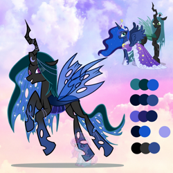 Size: 1200x1200 | Tagged: safe, artist:shiee-artopia223, derpibooru import, princess luna, queen chrysalis, alicorn, changeling, changeling queen, pony, base used, blue changeling, clothes, dress, female, fusion, mare