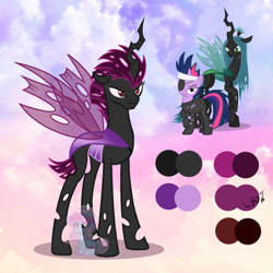 Size: 1280x1280 | Tagged: safe, artist:shiee-artopia223, derpibooru import, queen chrysalis, twilight sparkle, unicorn twilight, changeling, changeling queen, pony, unicorn, base used, eyepatch, female, frown, fusion, future twilight, mare, purple changeling