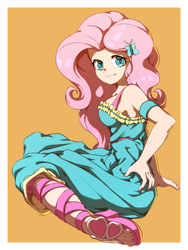 Size: 2250x3000 | Tagged: safe, artist:rockset, fluttershy, equestria girls, clothes, cute, dress, feet, female, looking at you, sandals, shyabetes, smiling, solo