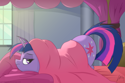 Size: 1754x1162 | Tagged: safe, artist:wonkysole, derpibooru import, twilight sparkle, pony, unicorn, 2016, bed, bed mane, blanket, crepuscular rays, cute, face down ass up, female, mare, morning ponies, old art, solo, sweet dreams fuel, tired, twiabetes