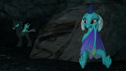 Size: 1280x720 | Tagged: safe, artist:ponygamer2020, artist:ponygamersfm, derpibooru import, princess ember, spike, changeling, dragon, 3d, cave, dragoness, female, folded wings, hidden, hidden wings, hoard, holding, male, overprotective, protecting, rock, source filmmaker, wings