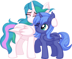 Size: 7937x6571 | Tagged: safe, artist:cyanlightning, derpibooru import, princess celestia, princess luna, alicorn, pony, .svg available, absurd resolution, duo, ear fluff, ears, eyes closed, female, filly, foal, hug, mare, missing accessory, sibling love, siblings, simple background, sisterly love, sisters, smiling, standing, transparent background, vector, woona, younger