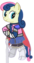 Size: 549x1009 | Tagged: safe, alternate version, artist:darlycatmake, derpibooru import, bon bon, sweetie drops, earth pony, pony, amused, armor, bipedal, bon bon is amused, cape, clothes, female, happy, knight, looking at someone, looking at something, looking back, mare, missing hat, royal guard, simple background, skirt, smiling, solo, sword, transparent background, weapon