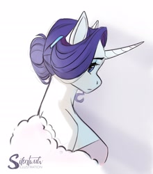 Size: 2022x2300 | Tagged: safe, artist:silentwulv, derpibooru import, rarity, anthro, unicorn, alternate hairstyle, breasts, bust, clothes, curved horn, eyeshadow, female, frown, fur boa, hair bun, high res, horn, makeup, mare, profile, raritits, shoulderless, side view, signature, simple background, solo, white background