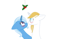 Size: 1024x652 | Tagged: safe, artist:cahansentoth, artist:decokelow, derpibooru import, prince blueblood, trixie, pony, unicorn, bluetrix, blushing, female, holly, holly mistaken for mistletoe, looking up, male, mare, shipping, simple background, stallion, straight, wavy mouth, white background