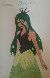 Size: 742x1156 | Tagged: safe, artist:glaceonfrozen, derpibooru import, queen chrysalis, human, female, humanized, looking at you, solo, traditional art