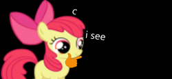 Size: 1350x629 | Tagged: safe, derpibooru import, apple bloom, earth pony, pony, background pony strikes again, black background, c, female, lowres, simple background, thinking