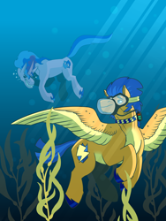 Size: 2700x3600 | Tagged: safe, artist:daotterguy, derpibooru import, flash sentry, sea swirl, seafoam, pony, unicorn, blue mane, bubble, cover art, crepuscular rays, dive mask, feather, female, goggles, grin, horn, male, mare, ocean, seaweed, smiling, spread wings, stallion, sunlight, swimming, teeth, underwater, water, wings