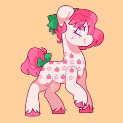 Size: 2500x2500 | Tagged: safe, artist:cocopudu, derpibooru import, earth pony, pony, g1, bow, cloven hooves, female, mare, mommy apple delight, orange background, profile, simple background, smiling, solo, tail, tail bow, unshorn fetlocks