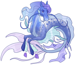 Size: 1280x1104 | Tagged: safe, artist:spectraloosa-admin, derpibooru import, oc, oc only, hippocampus, hybrid, merpony, seapony (g4), blue mane, dorsal fin, female, fins, fish tail, flowing mane, flowing tail, mare, purple eyes, simple background, solo, tail, transparent background