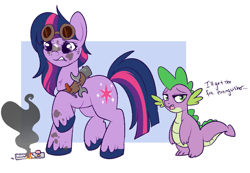 Size: 971x671 | Tagged: safe, artist:lulubell, derpibooru import, spike, twilight sparkle, dragon, earth pony, pony, alternate universe, au:inharmonious, earth pony twilight, goggles, race swap, smoke, sweat, sweatdrop, toolbelt