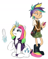 Size: 1432x1738 | Tagged: safe, artist:applephil, derpibooru import, rarity, human, pony, unicorn, alternate hairstyle, amphibia, boots, cellphone, clothes, crossover, duo, female, hand mirror, leather vest, levitation, magic, mane swap, mare, phone, plaid skirt, punk, raripunk, shoes, simple background, skirt, smartphone, studded bracelet, telekinesis, vest, white background