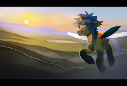 Size: 4796x3249 | Tagged: safe, artist:draw3, artist:p3st, derpibooru import, oc, oc:tergite, changedling, changeling, flight, flying, fog, happy, river, savanna, scenery, smiling, sunrise, sunset, water