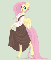 Size: 889x1037 | Tagged: safe, artist:melodylibris, derpibooru import, fluttershy, anthro, pegasus, unguligrade anthro, clothes, colored pupils, cute, female, green background, long sleeve shirt, mare, open mouth, open smile, shyabetes, simple background, skirt, smiling, solo, starry eyes, wingding eyes