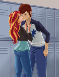 Size: 1504x1979 | Tagged: safe, artist:scs-g3-n17, derpibooru import, sunset shimmer, oc, human, canon x oc, clothes, female, humanized, indoors, kissing, lockers, male, pants, smiling, straight