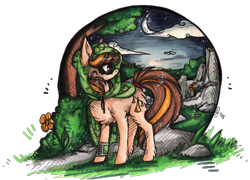 Size: 941x677 | Tagged: safe, artist:tay-niko-yanuciq, derpibooru import, oc, oc only, earth pony, pony, chest fluff, crescent moon, earth pony oc, hood, looking back, moon, night, outdoors, simple background, solo, transparent background, tree
