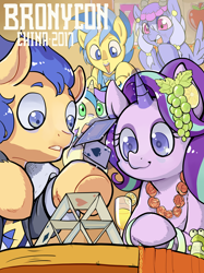 Size: 4724x6299 | Tagged: safe, artist:yunlongchen, derpibooru import, flash sentry, starlight glimmer, earth pony, pegasus, pony, unicorn, 2017, card, drink, female, flower necklace, male