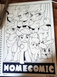 Size: 718x960 | Tagged: safe, artist:yunlongchen, derpibooru import, apple bloom, applejack, big macintosh, bright mac, granny smith, pear butter, pinkie pie, earth pony, apple family, lineart, traditional art