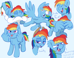 Size: 2922x2290 | Tagged: safe, artist:pony-thunder, derpibooru import, rainbow dash, pegasus, pony, applejack's hat, blue background, clothes, cloud, covering, cowboy hat, ear fluff, ears, female, gotta go fast, hat, mare, middle feather, middle finger, simple background, sleeping, solo, tongue, tongue out, vulgar, wing covering, wing hands, wings
