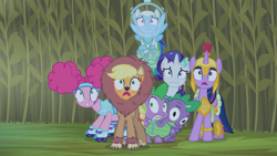 Size: 1920x1080 | Tagged: safe, derpibooru import, screencap, applejack, pinkie pie, rainbow dash, rarity, spike, twilight sparkle, twilight sparkle (alicorn), alicorn, big cat, dragon, earth pony, lion, mermaid, pegasus, pony, unicorn, scare master, animal costume, applelion, armor, astrodash, astronaut, athena sparkle, clothes, costume, dragon costume, female, gladiator, male, mare, mermarity, multiple heads, nightmare night costume, open mouth, pinkie puffs, roller skates, scared, shocked, shocked expression, spacesuit, two heads, two-headed dragon, wide eyes