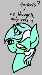 Size: 531x927 | Tagged: safe, artist:skookz, derpibooru import, lyra heartstrings, pony, unicorn, bust, derp, female, food, mare, oats, simple background, solo, text, that pony sure does love oats, thoughts