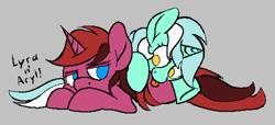 Size: 1500x684 | Tagged: safe, artist:skookz, derpibooru import, lyra heartstrings, pony, unicorn, :p, aryl, duo, female, mare, siblings, simple background, sisters, text, tongue, tongue out, twins