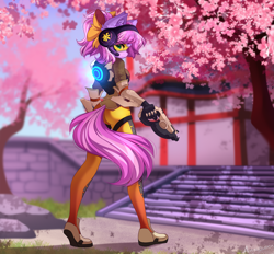 Size: 3885x3610 | Tagged: safe, alternate version, artist:airiniblock, derpibooru import, oc, oc only, oc:lillybit, anthro, earth pony, cherry blossoms, commission, flower, flower blossom, gun, overwatch, rcf community, weapon