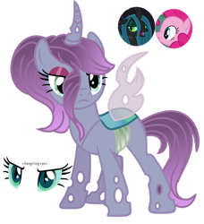 Size: 1280x1403 | Tagged: safe, artist:princess-kitsune-tsu, derpibooru import, pinkie pie, queen chrysalis, oc, changepony, hybrid, base used, female, magical lesbian spawn, offspring, parent:pinkie pie, parent:queen chrysalis, simple background, transparent background