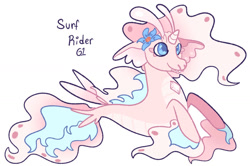 Size: 1024x681 | Tagged: safe, artist:goatpaste, derpibooru import, oc, seapony (g4), siren, unicorn, blue eyes, dorsal fin, female, fins, fish tail, flower, flower in hair, flowing mane, flowing tail, horn, mare, pink mane, seaponified, simple background, smiling, solo, species swap, tail, white background
