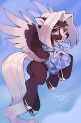 Size: 2438x3692 | Tagged: safe, artist:share dast, derpibooru import, oc, oc only, pegasus, pony, :3, clothes, cloven hooves, ear piercing, earring, female, flying, hoodie, jewelry, looking at you, mare, piercing, solo, spread wings, underhoof, wings