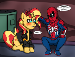 Size: 1920x1456 | Tagged: safe, artist:edcom02, derpibooru import, sunset shimmer, human, pony, unicorn, blushing, clothes, crossover, jacket, leather jacket, marvel, petting, speech bubble, spider-man