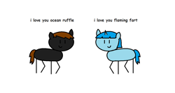 Size: 1190x640 | Tagged: safe, derpibooru import, oc, oc only, oc:flaming frets, oc:ocean ripple, earth pony, unicorn, in a nutshell, comic sans, oc x oc, shipping, simple background, stick pony, style emulation, white background