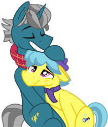 Size: 1164x1364 | Tagged: safe, artist:jadeharmony, derpibooru import, earth pony, unicorn, g4, my little pony: pony life, blue mane, blue tail, clothes, crack shipping, curtain call (pony life), dark teal coat, eyes closed, fashion plate, fashioncall, freckles, g4.5 to g4, gay, generation leap, gray mane, green-ish coat, grey tail, grin, hat, male, mane, missing accessory, pink eyes, purple hat, purple scarf, red scarf, scarf, shipping, smiling, tail, yellow coat