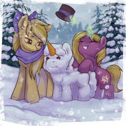 Size: 2000x2000 | Tagged: safe, artist:thejustbee, derpibooru import, oc, oc only, earth pony, pony, unicorn, bow, clothes, duo, hair bow, hat, magic, scarf, snow, snowpony, telekinesis