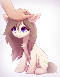 Size: 700x900 | Tagged: safe, artist:luminousdazzle, derpibooru import, oc, oc only, oc:linnea, earth pony, human, pony, cute, earth pony oc, eye clipping through hair, eyebrows, female, hand, head pat, long mane, looking up, mare, offscreen character, offscreen human, pat, petting, purple eyes, simple background, sitting, smiling, solo focus, tiny, white background