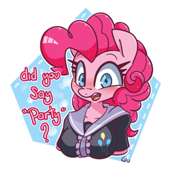 Size: 1500x1500 | Tagged: safe, artist:lou, derpibooru import, pinkie pie, anthro, blushing, bust, clothes, female, simple background, solo, that pony sure does love parties, transparent background