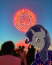 Size: 1620x2048 | Tagged: safe, artist:yajima, derpibooru import, rarity, pony, unicorn, female, fireworks, horn, looking at you, looking back, looking back at you, mare